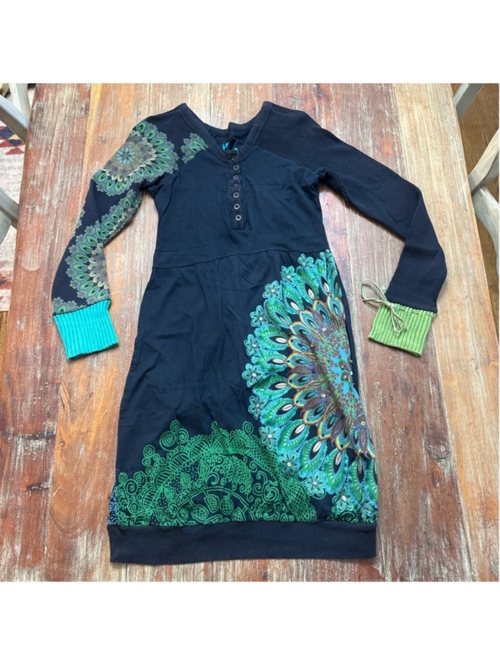 Desigual Navy Mandala Dress Sequin Glitter Mismatched Cuff Size Small
